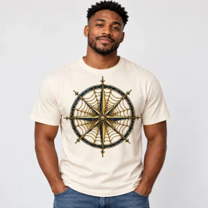 Natural Web Compass compass spider web shirt displayed on a wooden hanger