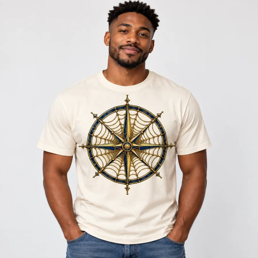 Natural Web Compass compass spider web shirt displayed on a wooden hanger