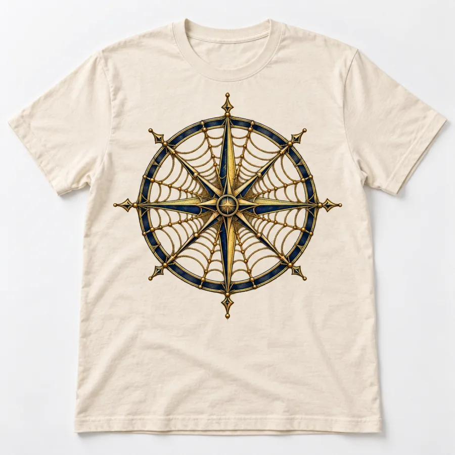 Black male model wearing Natural Web Compass compass spider web shirt in a studio