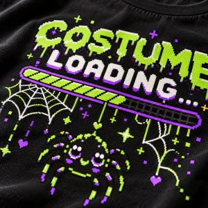 Close-up of Web Costume Loading print showing pixel spider, incomplete digital web, progress bar and fabric texture