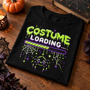 Folded Black Web Costume Loading funny halloween spider tee on wooden table with the front print visible