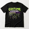 Front flat lay of Black Unisex Web Costume Loading funny halloween spider tee with lime, purple and white pixel artwork