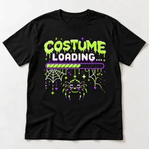 Front flat lay of Black Unisex Web Costume Loading funny halloween spider tee with lime, purple and white pixel artwork