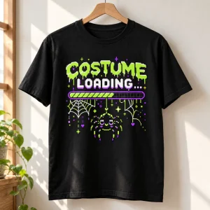 Black Web Costume Loading Unisex tee on wooden hanger showing bright pixel spider and progress-bar artwork
