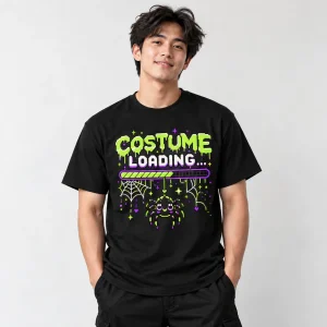Model wearing Black Unisex Web Costume Loading tee with pixel spider, digital web and COSTUME LOADING... graphic