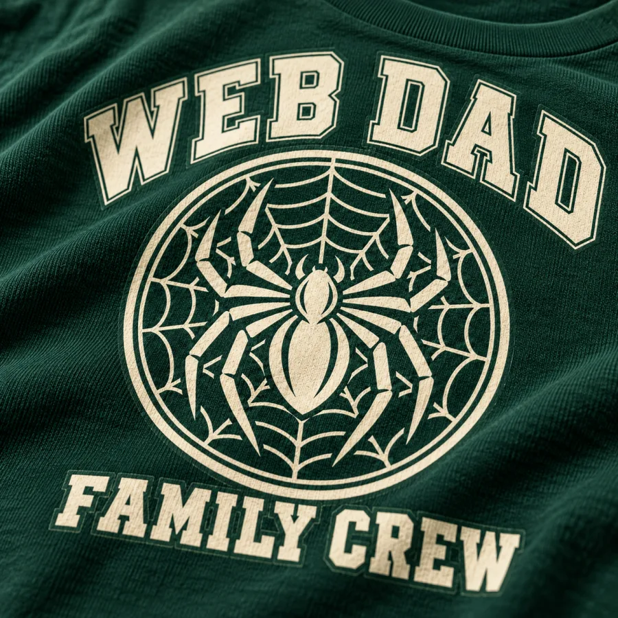 Close-up of Web Dad Crew spider dad shirt print showing cream ink and cotton fabric texture