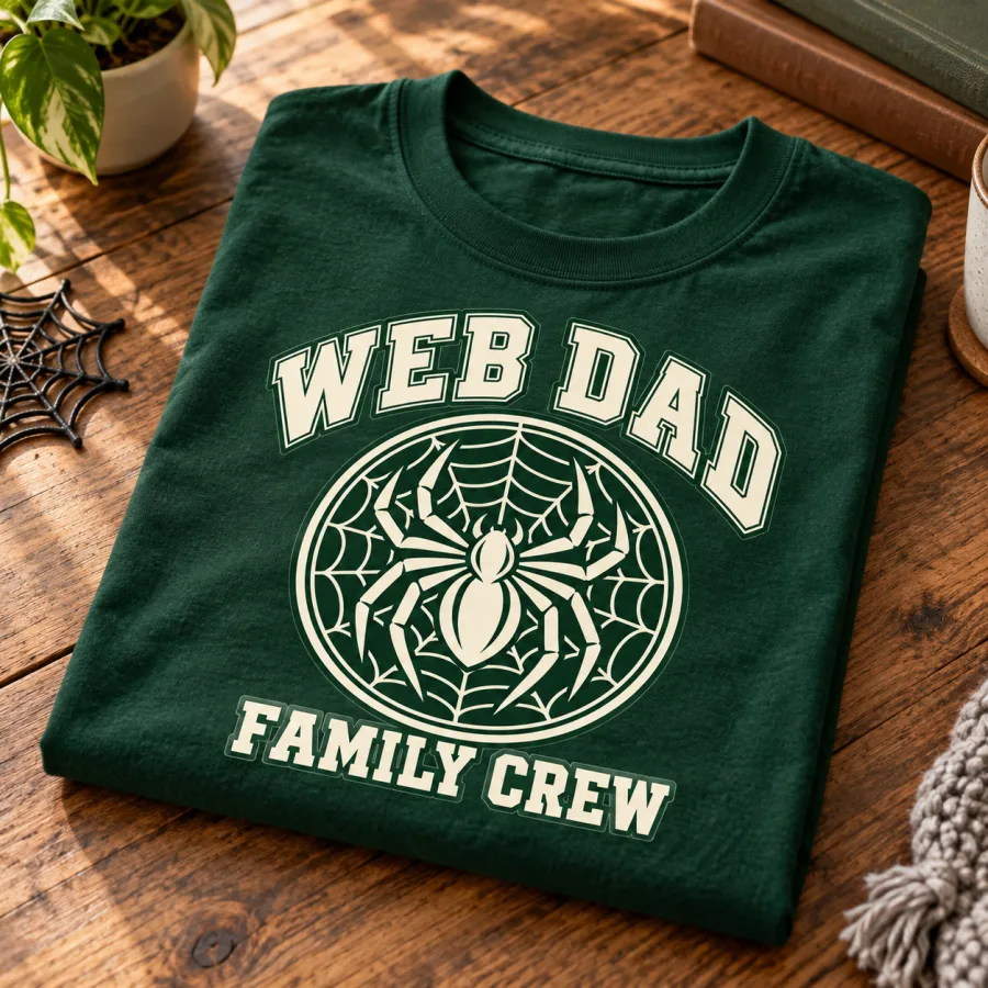 Folded forest green Web Dad Crew family tee showing the cream spider crest and varsity lettering