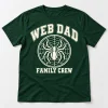 Front flat lay of forest green Web Dad Crew spider dad shirt with cream spider crest and varsity print