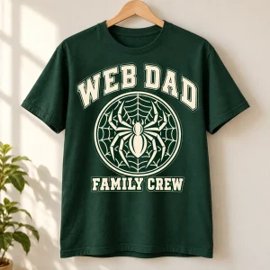 Forest green Web Dad Crew spider dad shirt displayed on a natural wooden hanger
