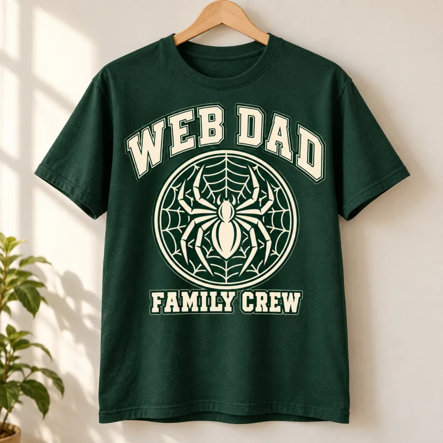Forest green Web Dad Crew spider dad shirt displayed on a natural wooden hanger