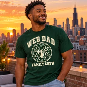 Lifestyle photo of a model wearing the forest green Web Dad Crew spider dad shirt