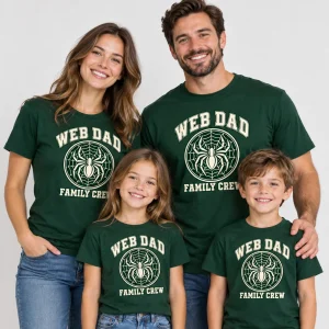 Web Dad Crew forest green spider dad shirt worn by a model with the cream chest graphic clearly visible