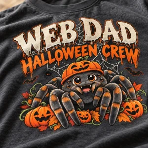 Close-up of Web Dad Halloween print showing cotton fabric texture, cream lettering, orange details, and friendly spider artwork