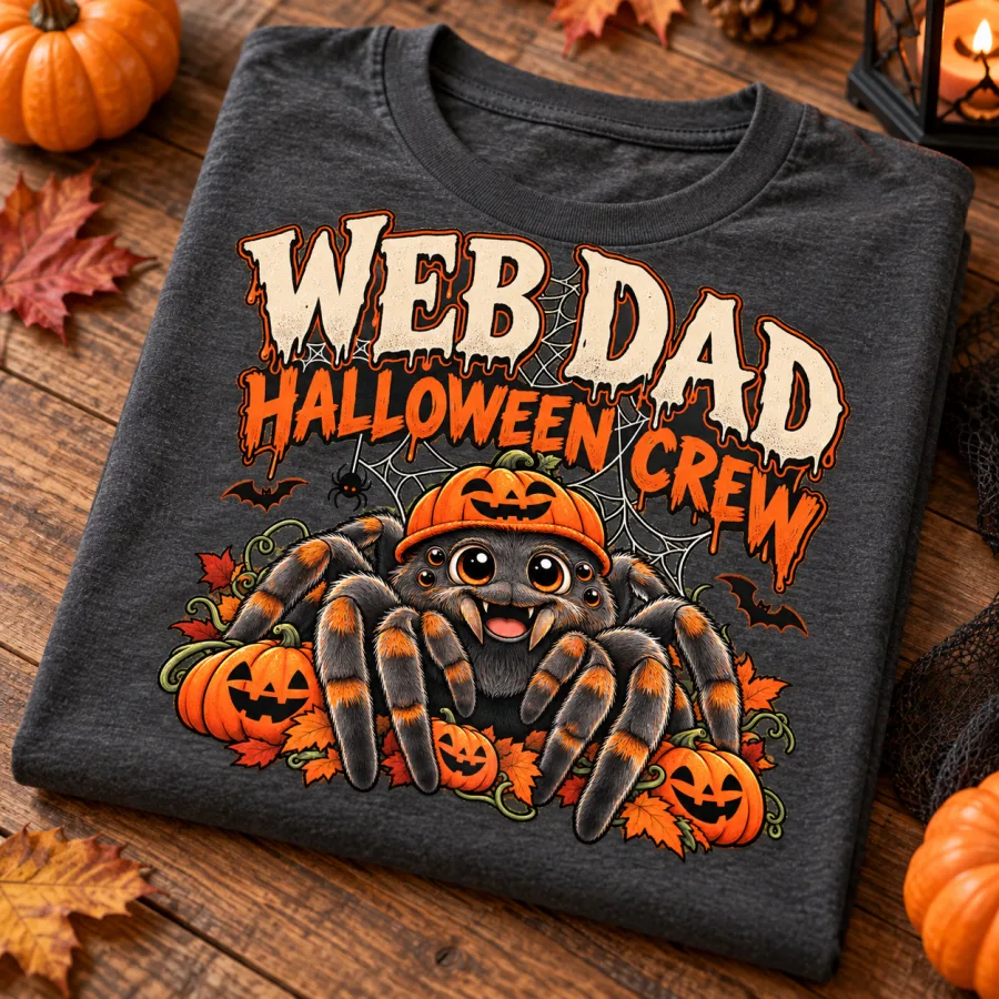 Folded charcoal Web Dad Halloween tee on wooden table showing friendly spider and bold Halloween Crew print