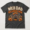 Front flat lay of charcoal Web Dad Halloween tee with friendly spider, pumpkin hat, and cream and orange WEB DAD HALLOWEEN CREW print