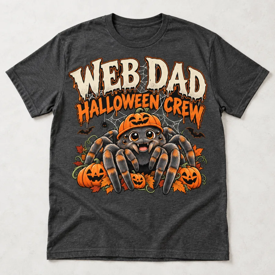 Front flat lay of charcoal Web Dad Halloween tee with friendly spider, pumpkin hat, and cream and orange WEB DAD HALLOWEEN CREW print