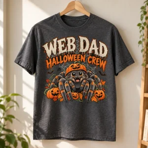 Charcoal Web Dad Halloween unisex tee displayed on a wooden hanger with spider and pumpkin artwork visible