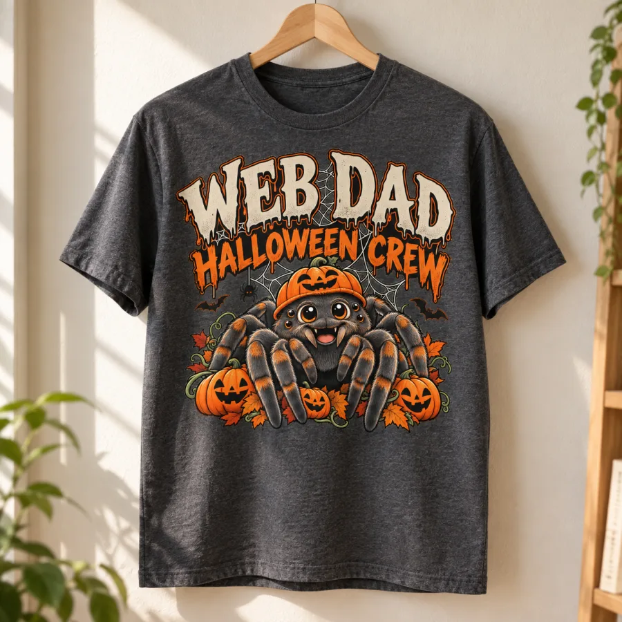 Charcoal Web Dad Halloween unisex tee displayed on a wooden hanger with spider and pumpkin artwork visible