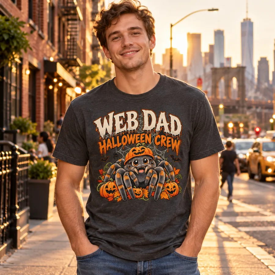 Lifestyle photo of man wearing charcoal Web Dad Halloween spider shirt outdoors with the front graphic clearly visible