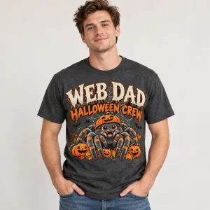Man wearing charcoal Web Dad Halloween spider dad shirt with bold cream and orange Halloween graphic