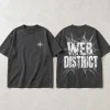 Front flat lay of charcoal Web District oversized tee with small chest mark