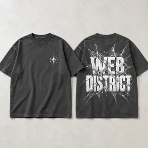 Front flat lay of charcoal Web District oversized tee with small chest mark