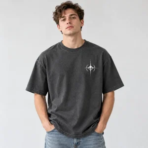 Model wearing charcoal Web District spider web streetwear shirt