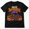 Front flat lay of Black Web Family Halloween tee with OUR SPOOKY WEB spider family and pumpkin design