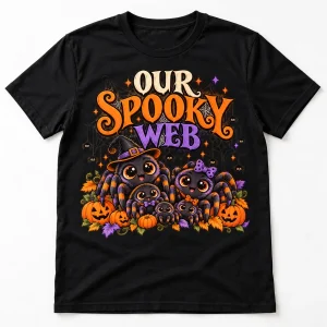 Front flat lay of Black Web Family Halloween tee with OUR SPOOKY WEB spider family and pumpkin design