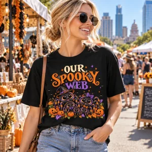 Woman wearing Black Web Family Halloween tee at a lively outdoor market with the spider family print clearly visible