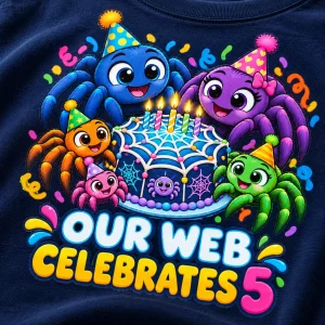 Close-up of Web Family Party print on navy cotton fabric showing colorful cartoon spiders, web cake, candles and lettering