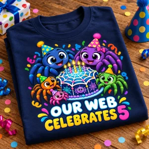 Folded navy Web Family Party family spider birthday shirt showing spider family, web cake and OUR WEB CELEBRATES 5 print