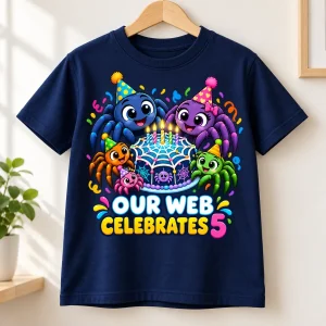 Navy Web Family Party family spider birthday shirt hanging on a wooden hanger with colorful front birthday graphic