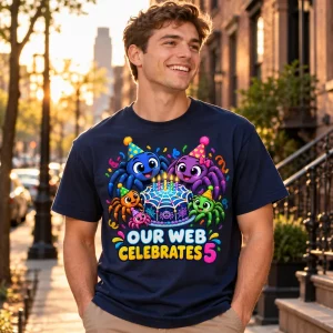 Lifestyle photo of a man wearing the navy Web Family Party family spider birthday shirt outdoors with the colorful print visible