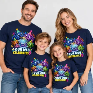 Family wearing matching navy Web Family Party family spider birthday shirts with colorful fifth birthday spider artwork