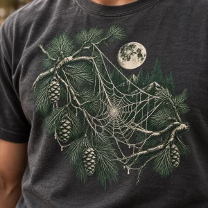 Close-up of Web Forest print showing cotton texture, cream web strands, muted green pine branches, and moon detail