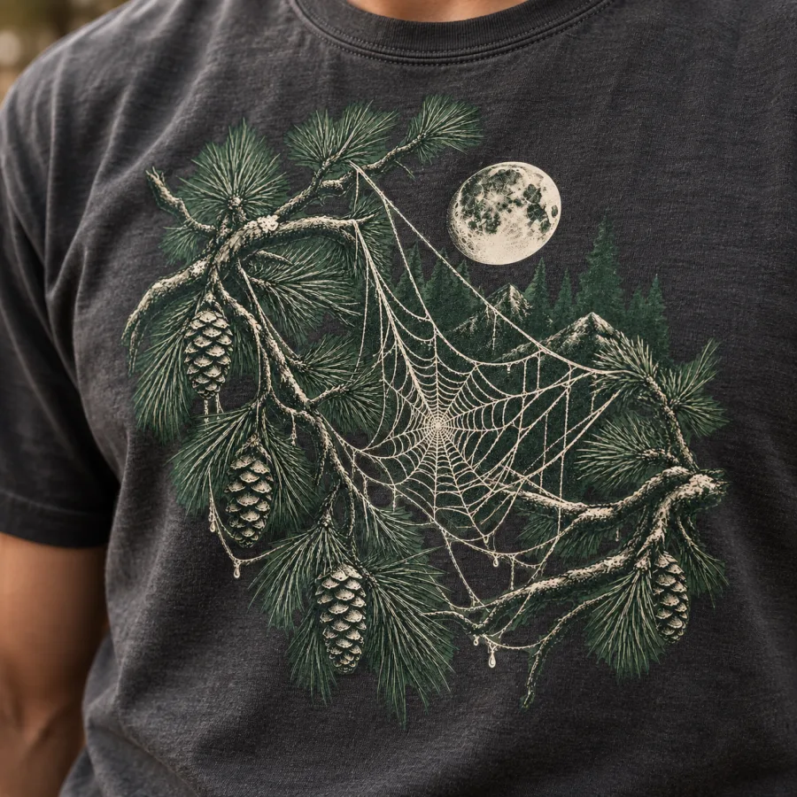 Close-up of Web Forest print showing cotton texture, cream web strands, muted green pine branches, and moon detail