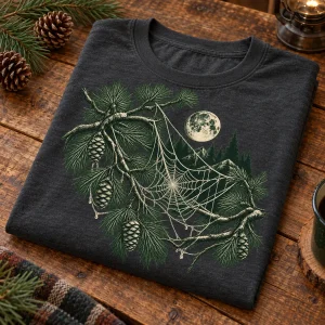 Folded charcoal Web Forest forest spider web shirt on a wooden table with rustic woodland props