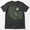 Front flat lay of charcoal Web Forest forest spider web shirt with cream and muted green pine, moon, and web artwork
