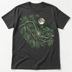 Front flat lay of charcoal Web Forest forest spider web shirt with cream and muted green pine, moon, and web artwork