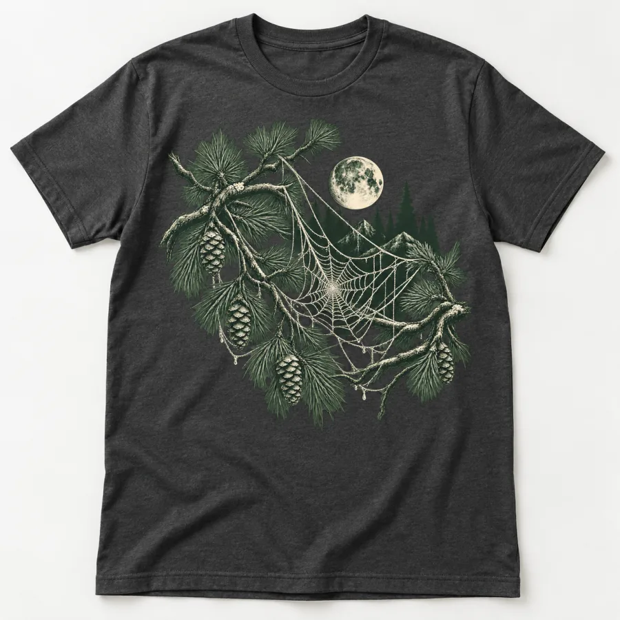 Front flat lay of charcoal Web Forest forest spider web shirt with cream and muted green pine, moon, and web artwork