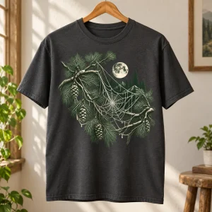Charcoal Web Forest forest spider web shirt hanging on a natural wooden hanger against a softly lit wall
