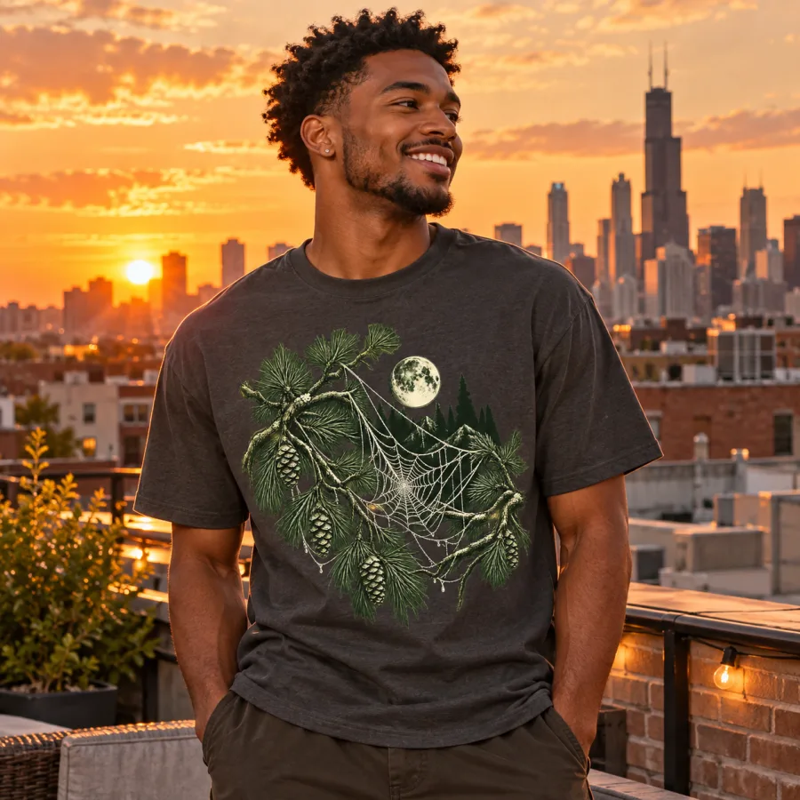 Black male model wearing charcoal Web Forest forest spider web shirt on a Chicago rooftop at sunset