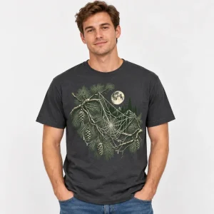Male model wearing charcoal Web Forest forest spider web shirt with detailed woodland web graphic