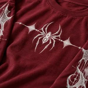 Close-up of white waveform lines, web fragments and microtype on the sleeve