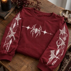 Folded burgundy spider graphic long sleeve shirt showing chest spider
