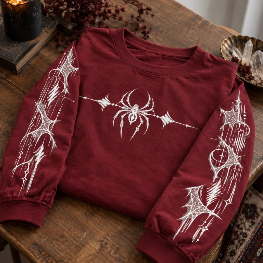 Folded burgundy spider graphic long sleeve shirt showing chest spider