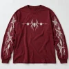 Front flat lay of burgundy Web Frequency Long Sleeve spider graphic shirt