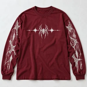 Front flat lay of burgundy Web Frequency Long Sleeve spider graphic shirt