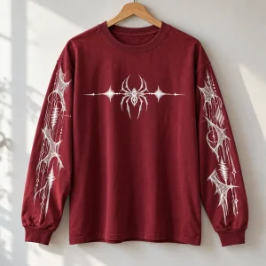 Burgundy Web Frequency long sleeve tee on a hanger with sleeves visible